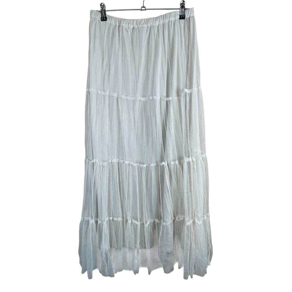 West of Melrose Cream Tiered Mesh Maxi Skirt Boho Cottagecore Elastic Waist